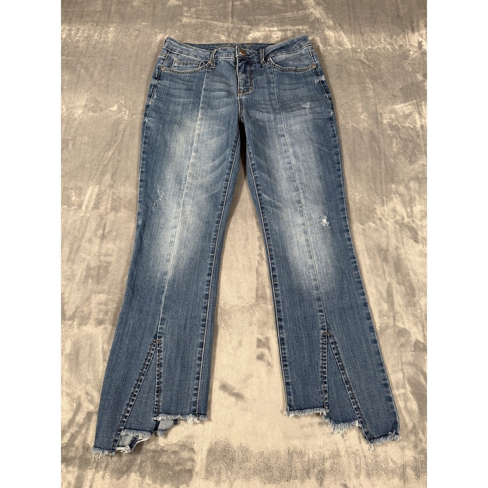 Seven 7 Women's Size 6 Jeans Medium Wash Frayed Hem Split‎ Flare Leg Denim